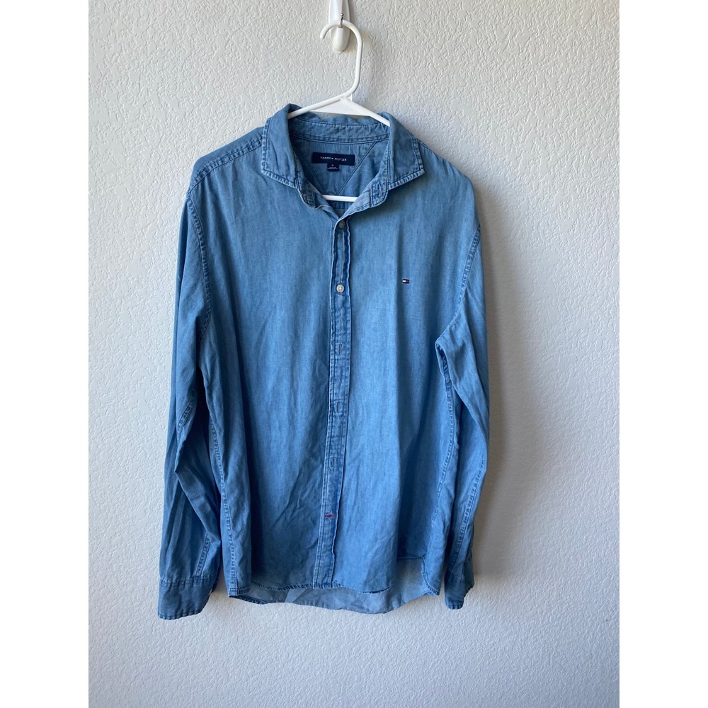 Tommy Hilfiger Men Denim Chambray Preppy Button Down Shirt Size M Blue Blue